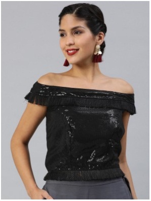 Black Georgette Sequinned Crop Top with Fringes